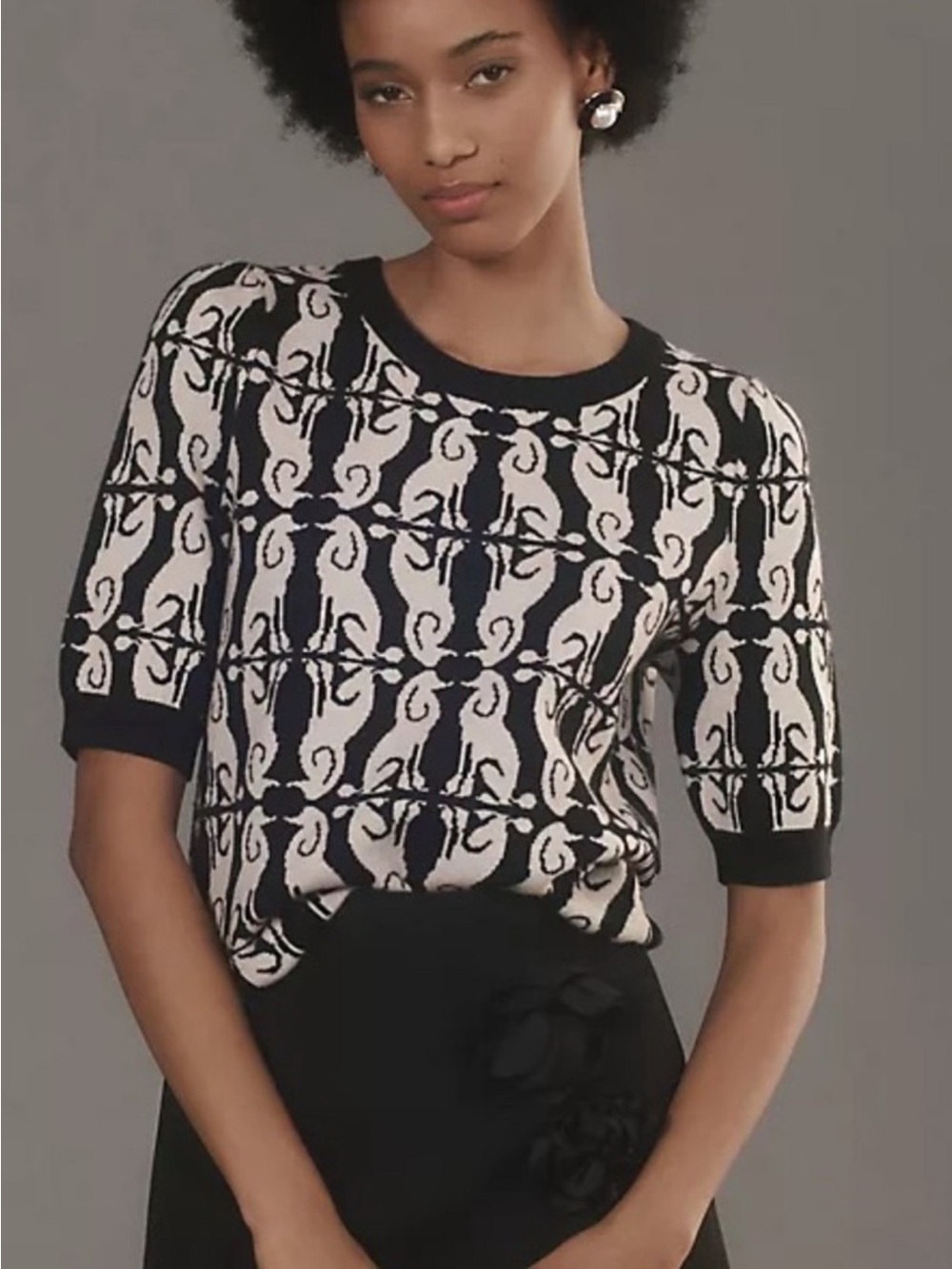 Maeve dogs Black & Ivory Patterned Short-Sleeve Crew Sweater M